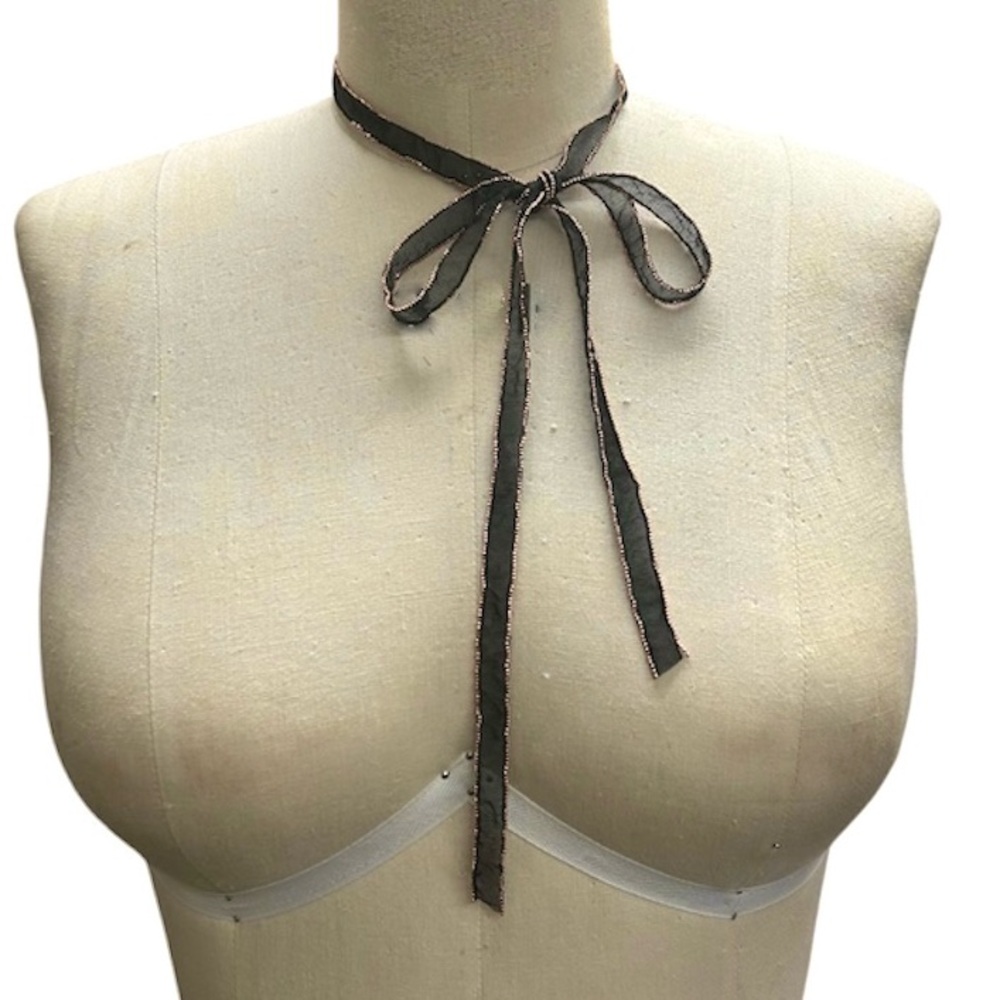 Elegant Black Rose Gold Beaded Ribbon Necklace